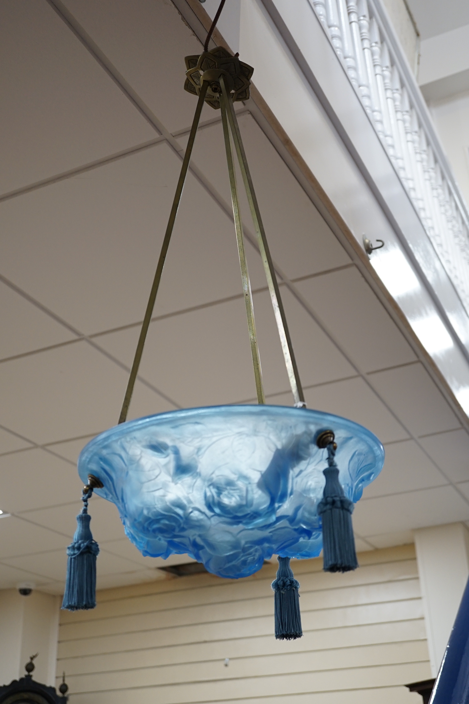 An Art Deco frosted blue glass plaffonier, 34.5cm